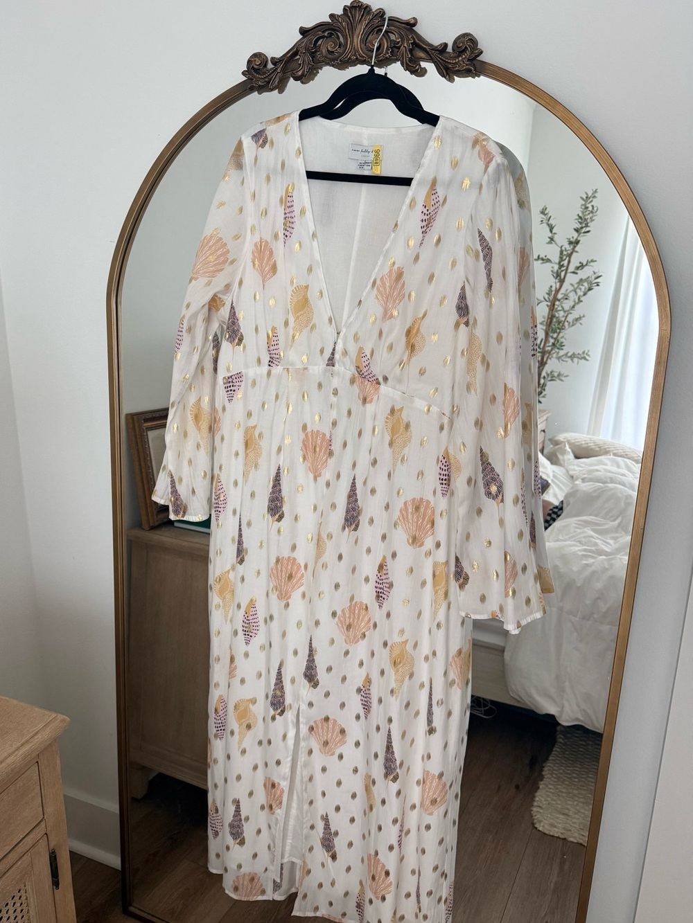Never Fully Dressed White Cream Maxi Dress with Gold Pastel Shell Print